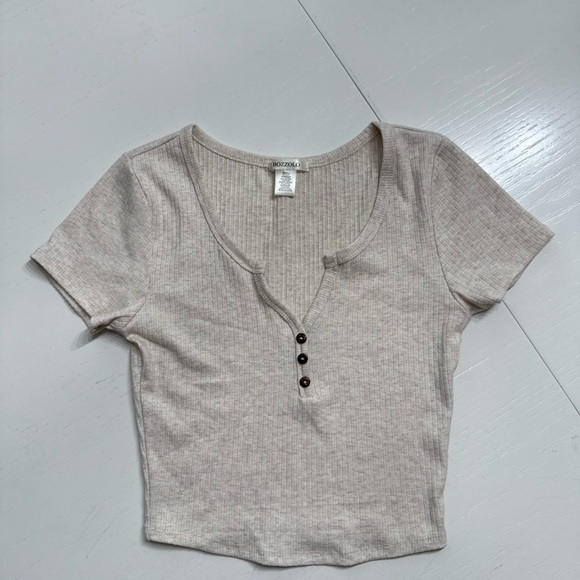 Bozzolo Light Beige Ribbed Short Sleeve Crop Top - Picture 1 of 4